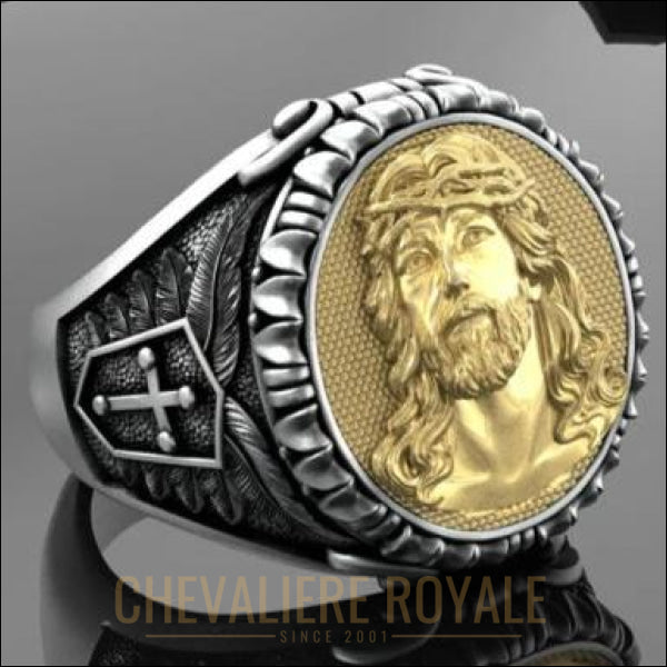 Chevalière royale de visage de Jésus en argent et avec la finition en or