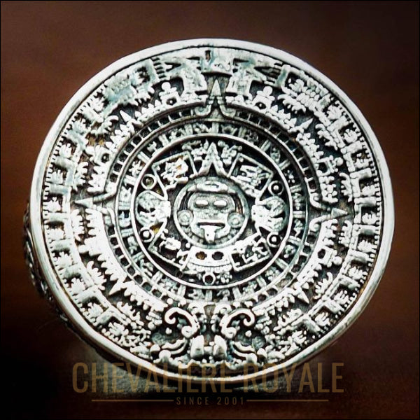 Chevalière en argent  calendrier aztèque-maya