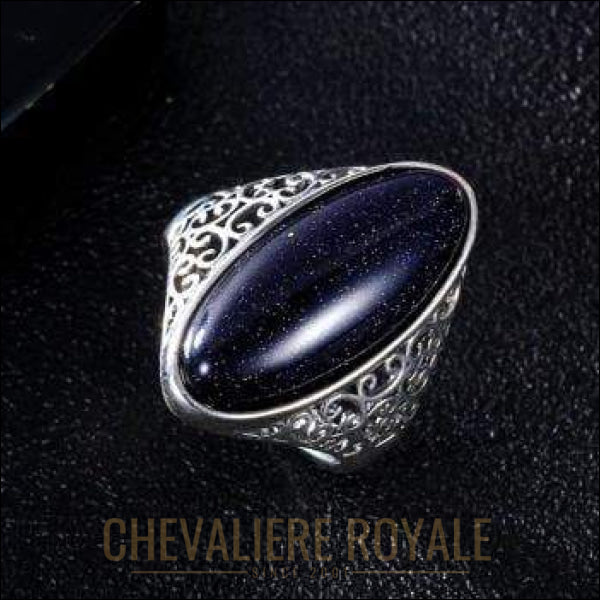 Chevaliere  Royale-bague bijou femme argent avec la pierre ovale d'Aventurine bleue