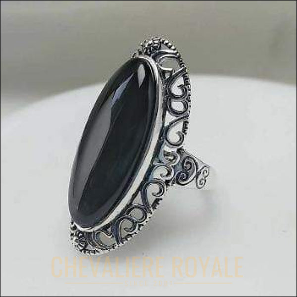 Chevaliere royale - femme bague  argent pierre agate monture en cœur ajustable noir
