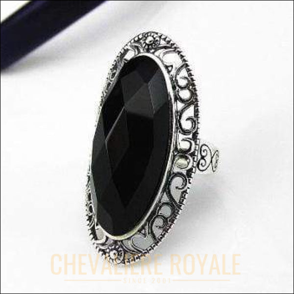 Chevaliere royale - femme bague  argent pierre agate monture en cœur ajustable bijou noir 