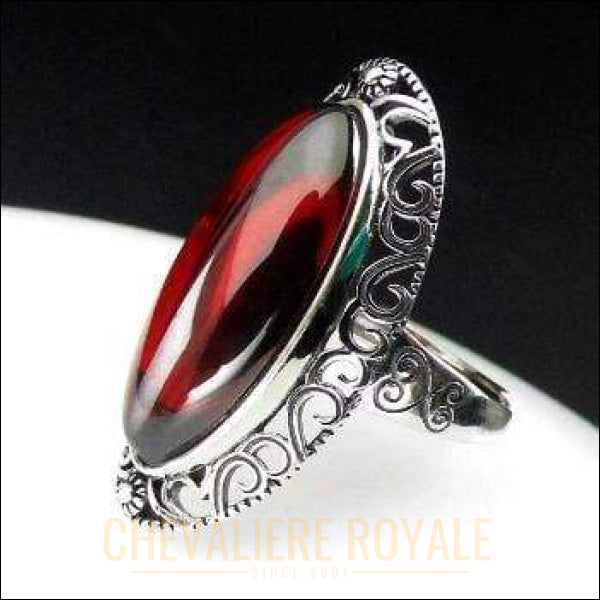 Chevaliere royale - femme bague  argent pierre agate monture en cœur ajustable rouge