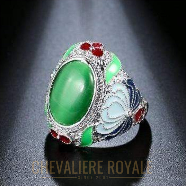 Chevaliere royale femme - bague en acier motifs émaillés multicolores Opale verte 