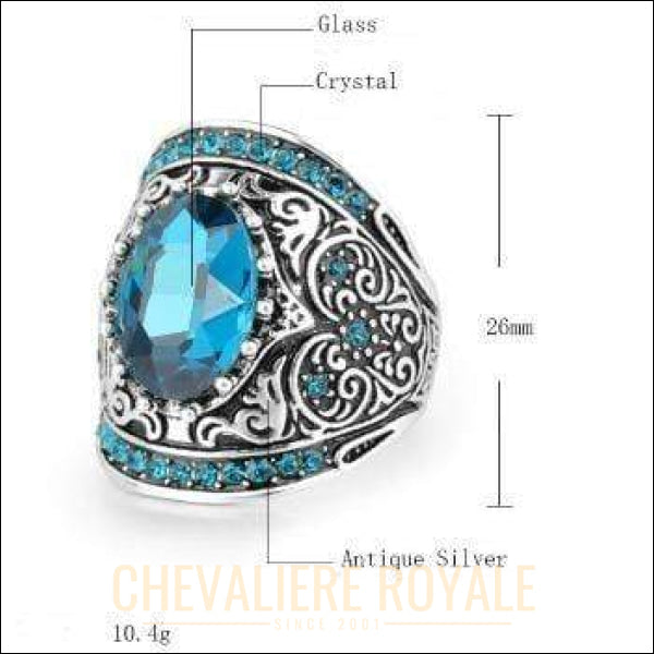 Chevalière femme en acier pierre cristal sertie de motifs antiques bleu