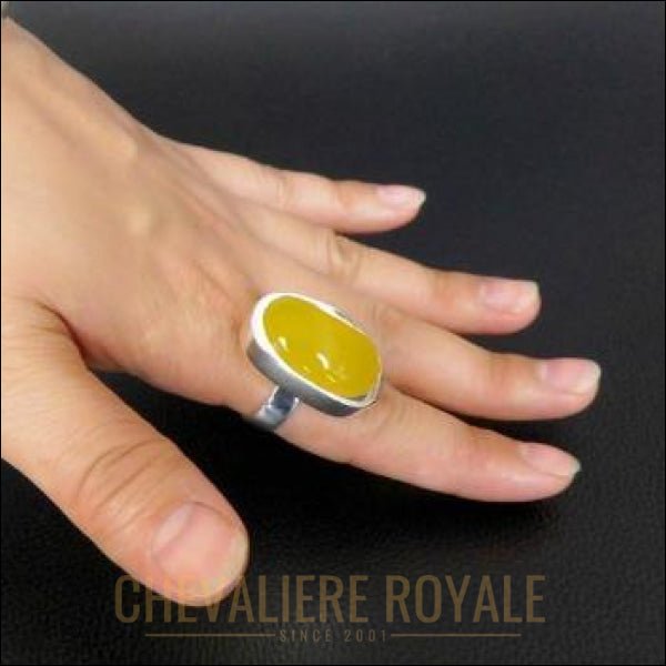 Chevalière femme en argent pierre agate jaune anneau ajustable - Chevalière Royale 
