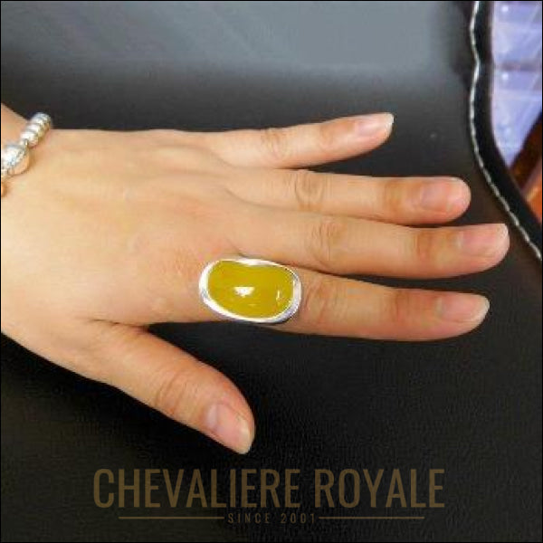 Chevalière femme en argent pierre agate jaune anneau ajustable - Chevalière Royale 