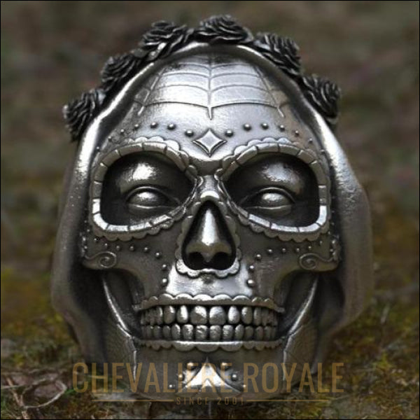 Chevalière royale homme femme gothique crâne de sucre en acier " Santa Muerte "
