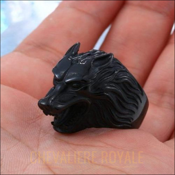 Chevaliere gothique en forme de tête de loup en acier inoxydable - chevaliere royale couleur noire
