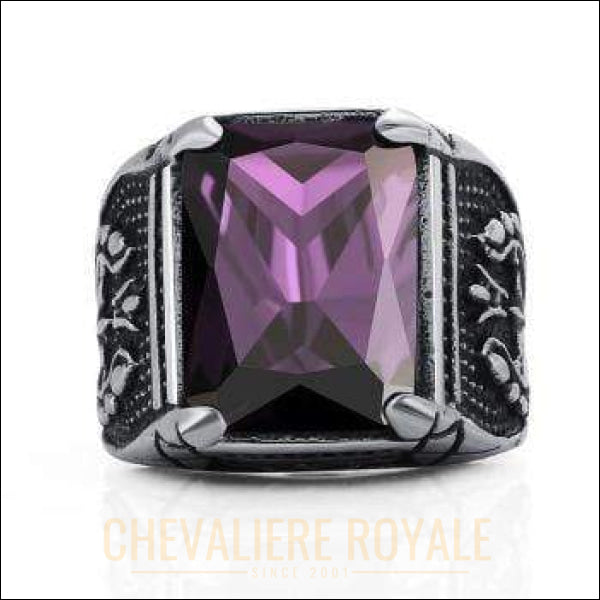 Chevaliere Royale - bague  homme acier inox carrée entourée de quatre crochets violet