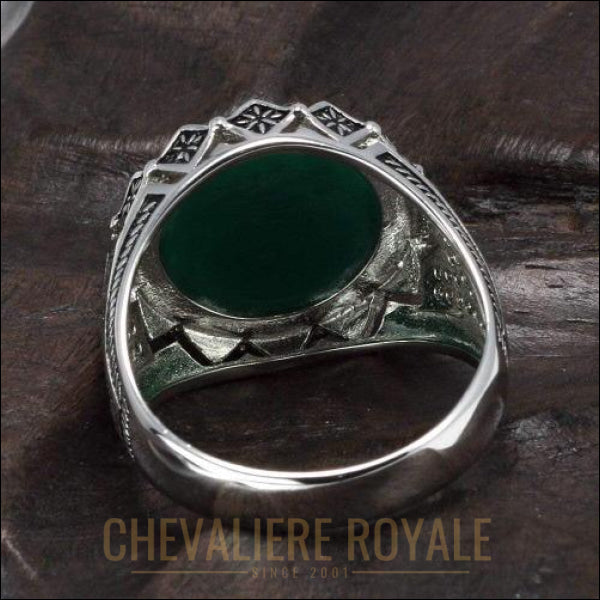 Chevaliere royale homme argent avec pierre agate couleur  verte sterling pas cher