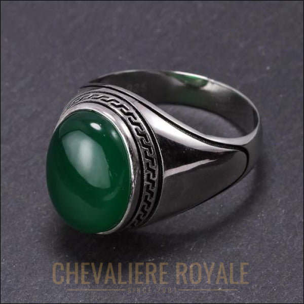 Chevaliere royale homme argent avec pierre naturelle d'onyx ovale fine  green