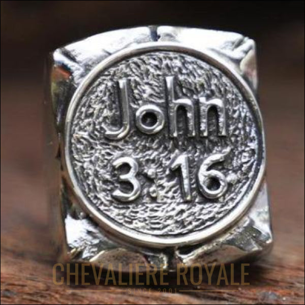 Chevalière royale homme argent religieuse verset de la Bible " John 3:16"