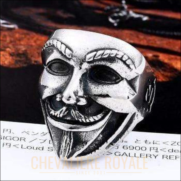 Chevalière homme en acier en forme de Masque de Guy Fawkes pas cher