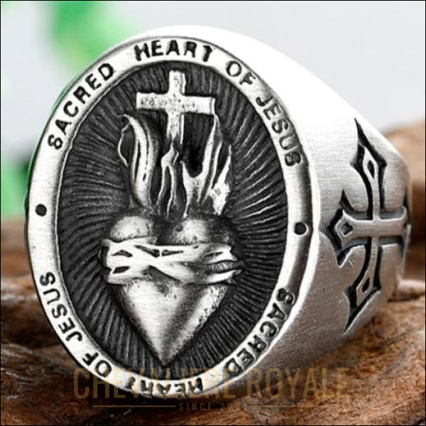 Bague Chevalière homme en acier inoxydable sacred heart of Jesus