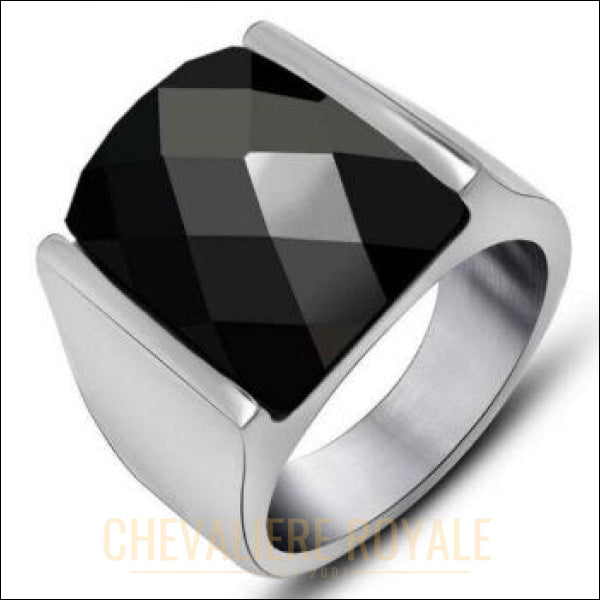 Chevaliere Royale - Bague homme en acier la pierre hexagonal de quartz métaphysique noir