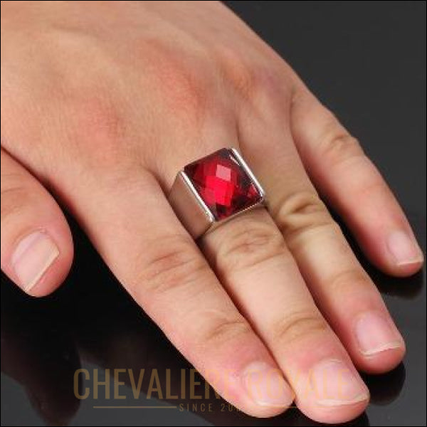 Chevaliere Royale - Bague homme en acier la pierre hexagonal de quartz métaphysique bijoux pas cher rouge