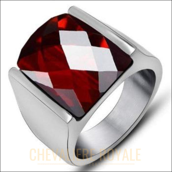 Chevaliere Royale - Bague homme en acier la pierre hexagonal de quartz métaphysique rouge 