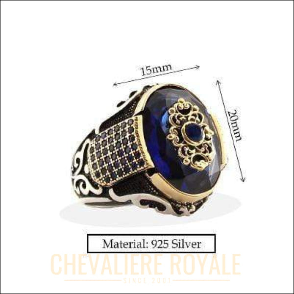 Chevaliere royale homme en argent design ottoman zircon bleu rouge et vert 15x20
