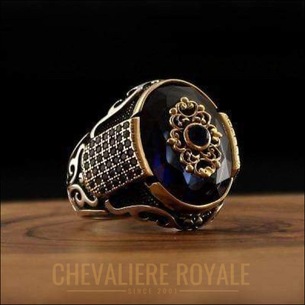 Chevaliere royale homme en argent design ottoman zircon bleu rouge couleur bleue 