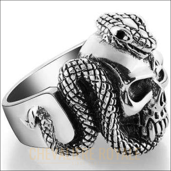 Chevalière homme en argent tète de mort et serpent style gothique - Chevalière Royale 