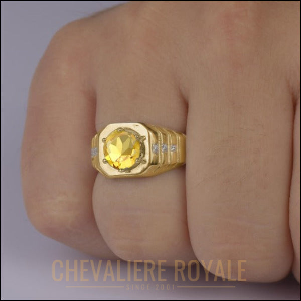 Chevalière luxe homme en or jaune 10-14-18 carats avec pierre de citrine