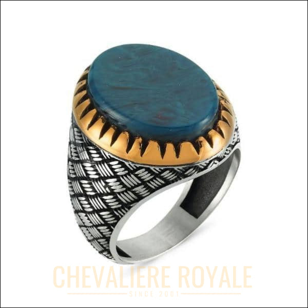 Chevalière homme pierre agate motifs losange multicouleur (EY1328) - Chevalière Royale 