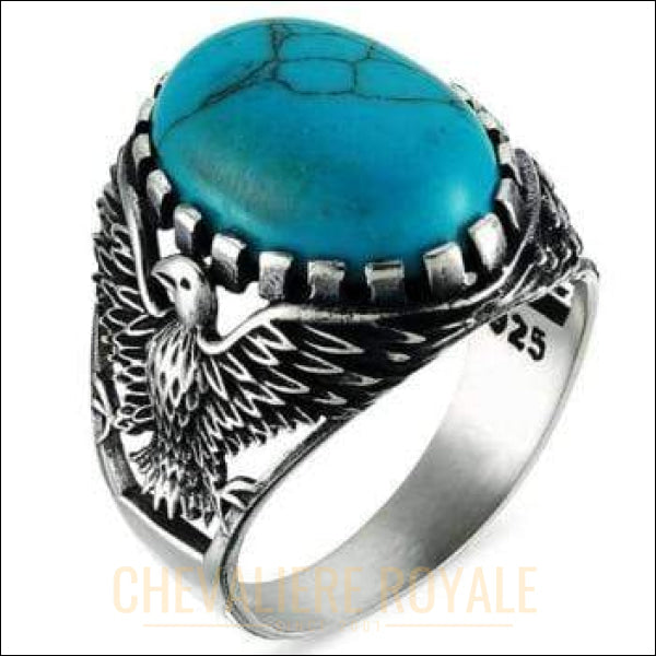 Chevalière homme pierre turquoise en argent motif oiseau - Chevalière Royale 