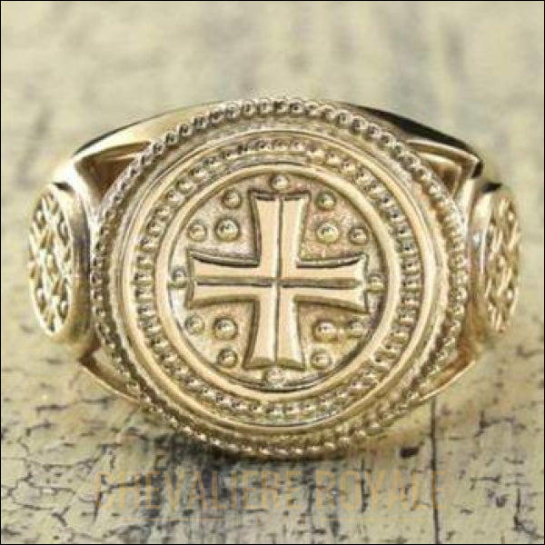 Chevalière royale hommes artisanale en or massif 14 carats croix sacré 