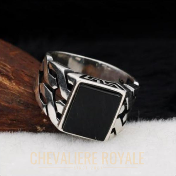 Chevaliere royale hommes en argent style moderne pierre carrée onyx noir