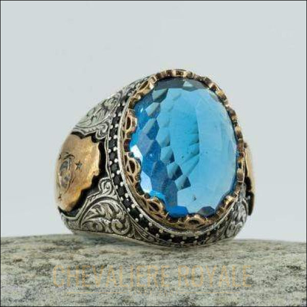Chevalières royale ottoman pour hommes en argent avec pierre aquamarine