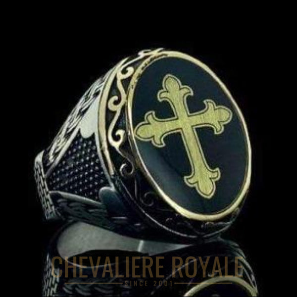 Chevaliere ROYALE pour homme en argent avec symbole religieux chrétien caatholique 