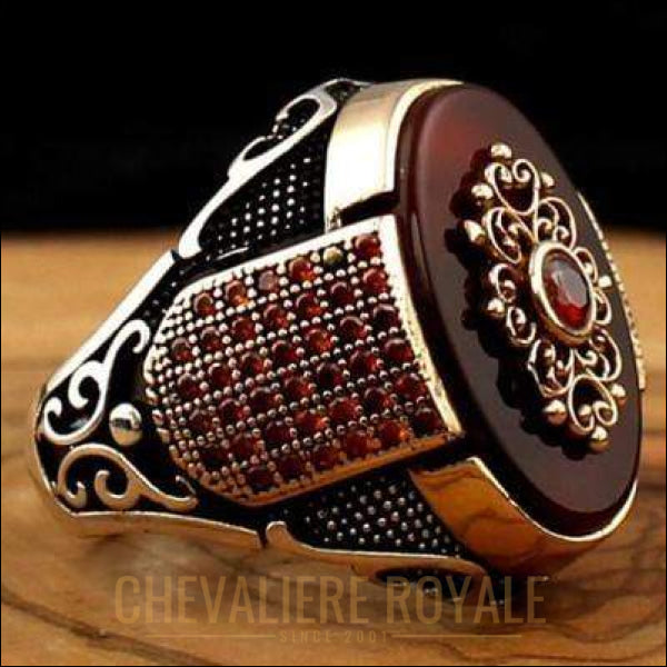 Chevalière royale pour hommes argent design ottoman pierre agate rouge