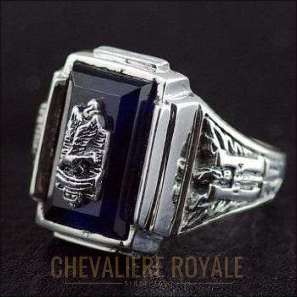 Chevalière pour hommes en argent sapphire synthétique bleue - Chevalière Royale 