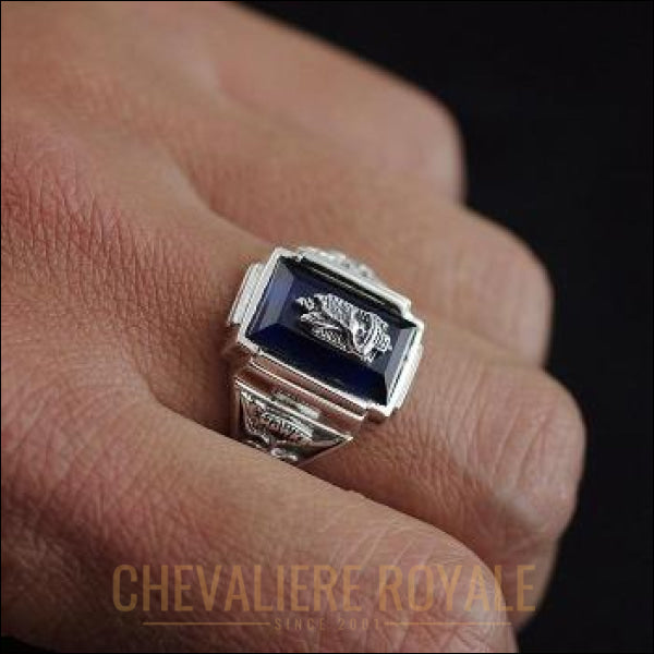 Chevalière pour hommes en argent sapphire synthétique bleue - Chevalière Royale 