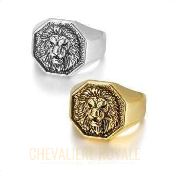 Chevalières royale hommes acier tête de lion finition en argent et or