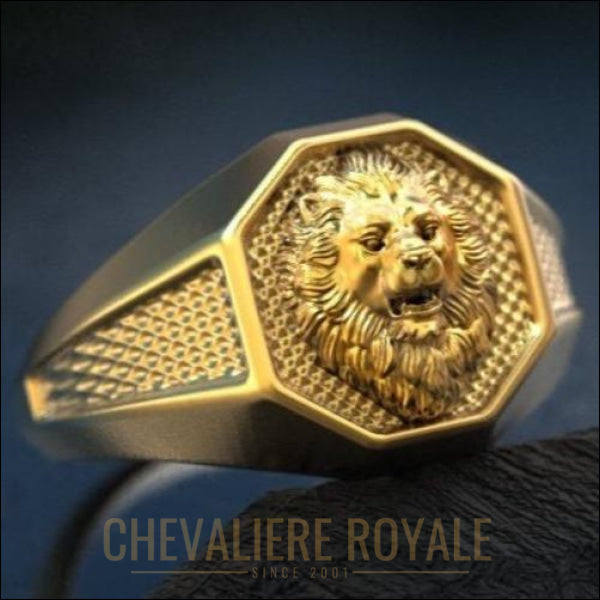 Bague Chevalière tête de lion pour homme fabriquée à la main en or 14K-18K