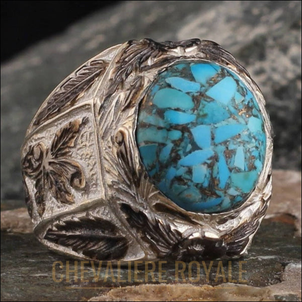 Sculptée à la Main: Chevalière Turquoise Argent Homme-Chevaliere Royale-