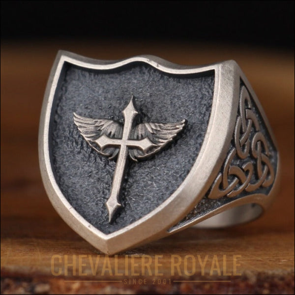 Chevalière en Argent avec Croix d'Ange : Un Symbole de Foi-Chevaliere Royale - 20237